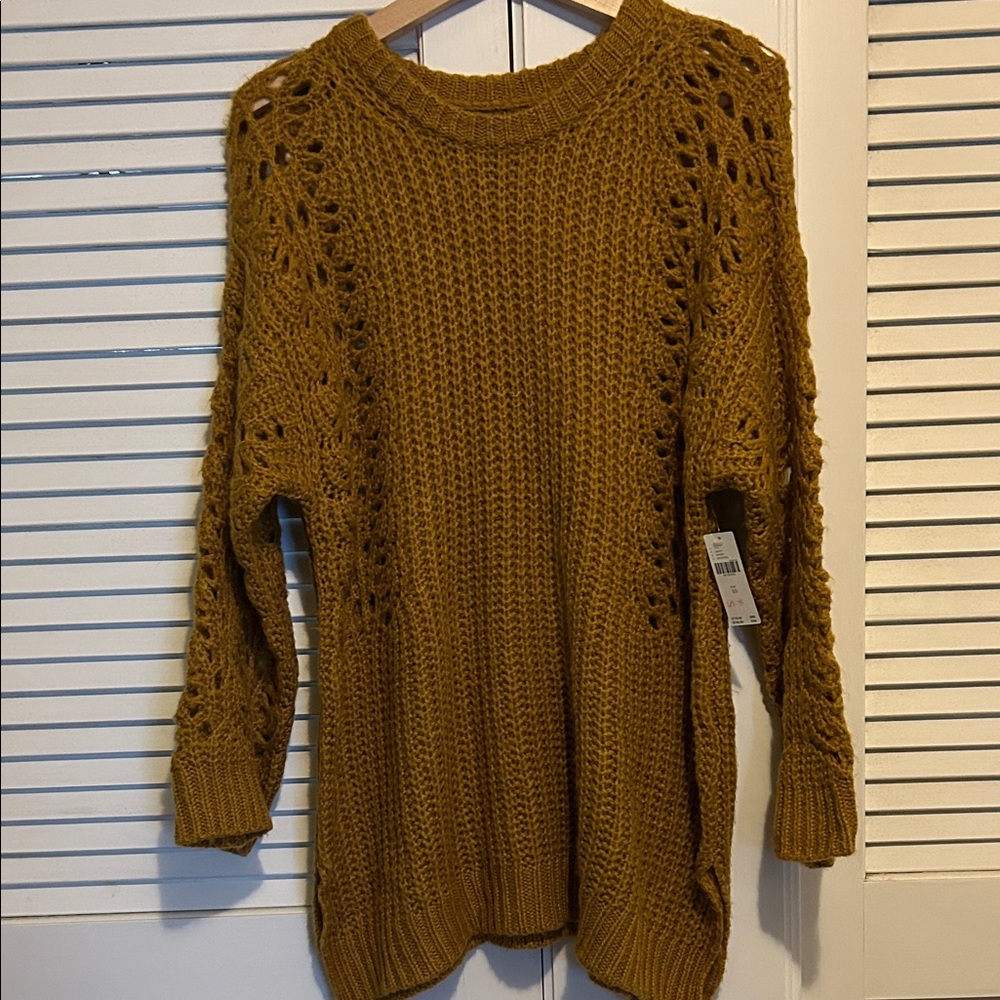 New Oversized Anthropologie Mustard Crew Neck lacy tunic Sweater